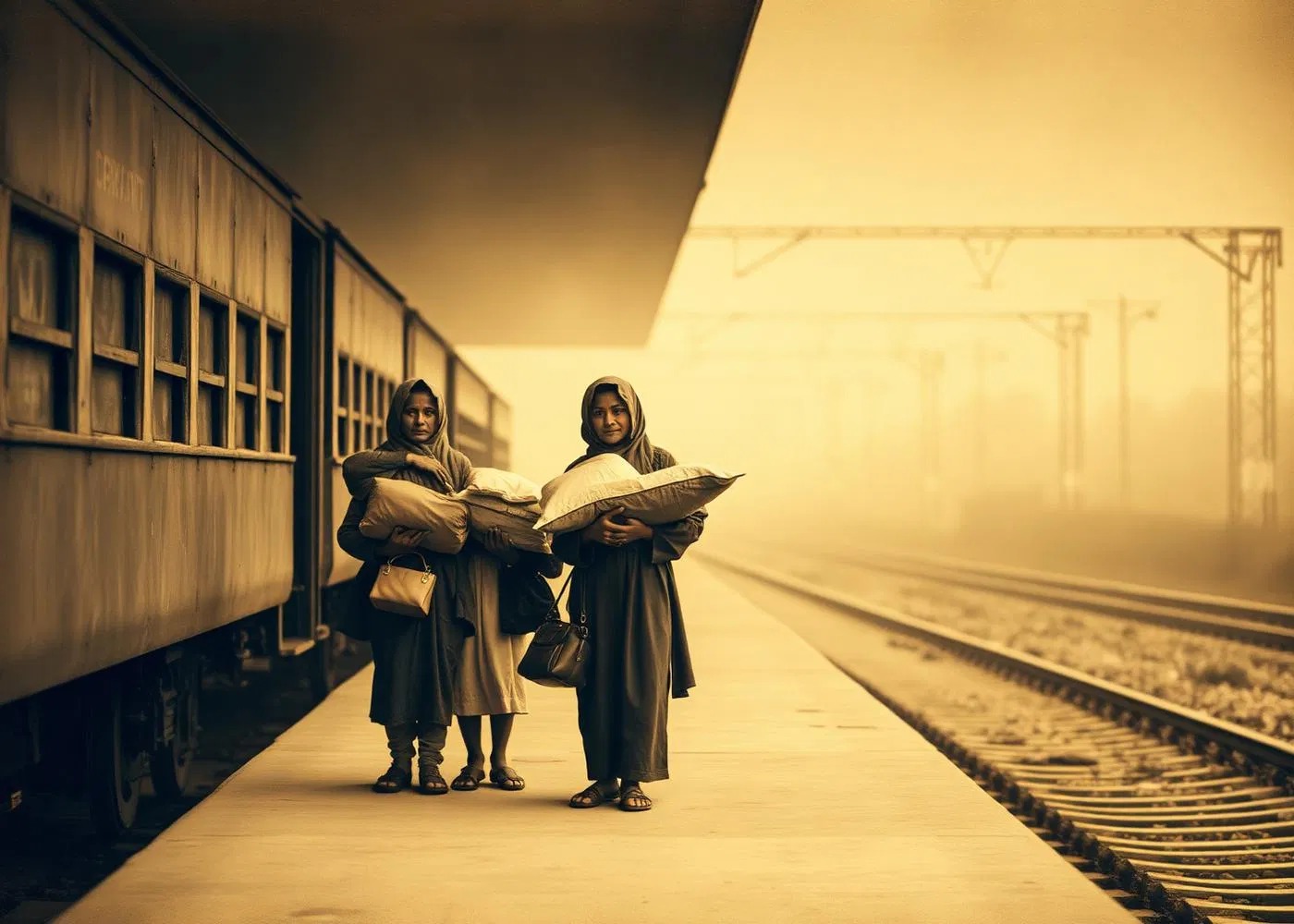 Two women on a railway platform holding bundles during the 1947 migration