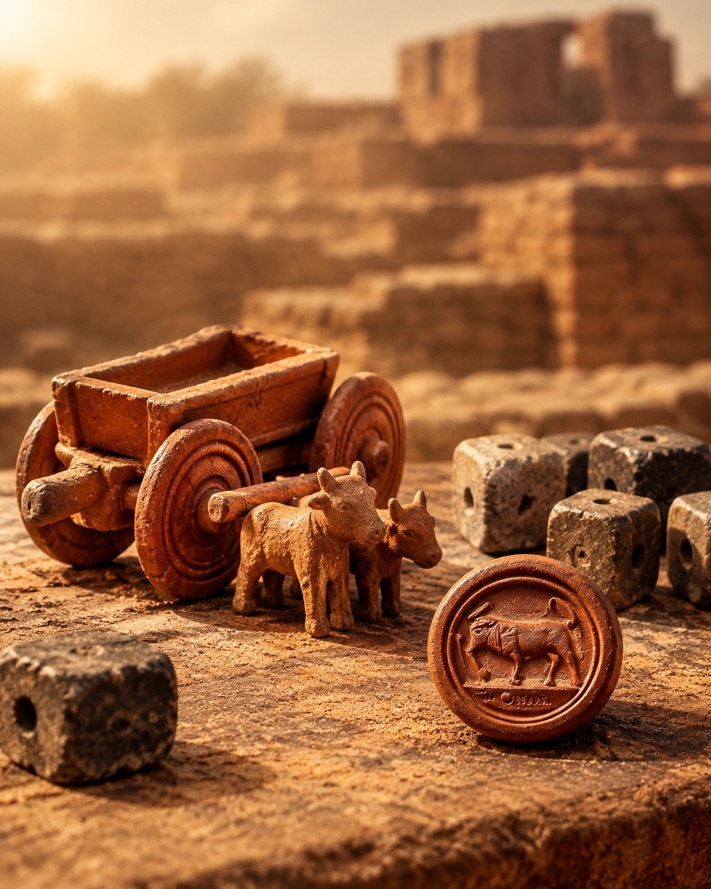 Indus Valley stone weights, figurines and a toy cart