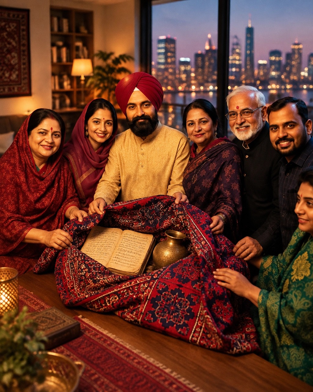 A family gathered around a table with an open book and a brass pot, a city skyline behind them
