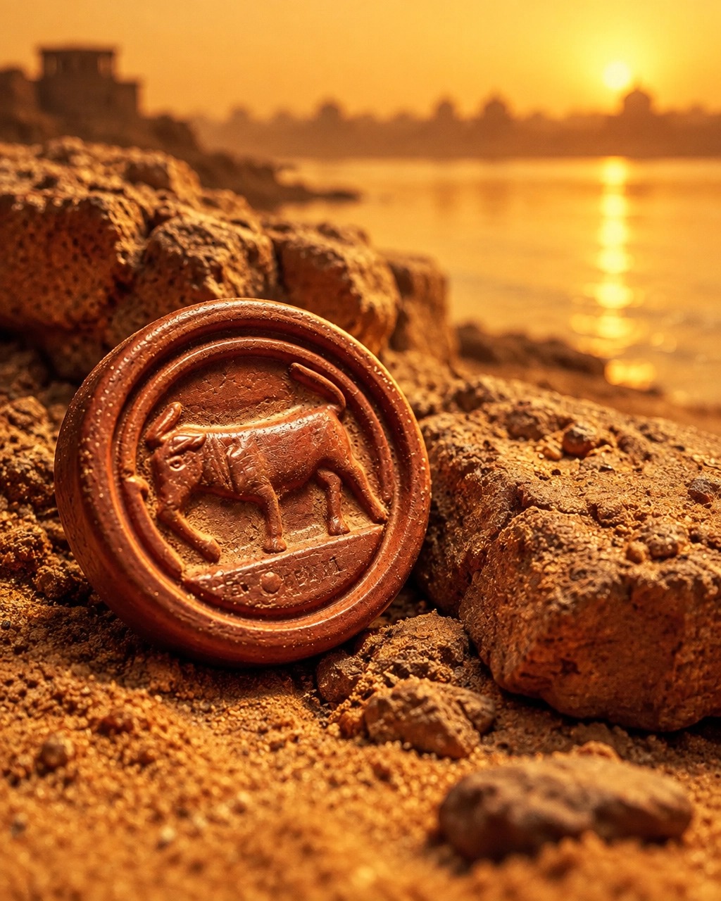 An ancient Indus seal featuring a bull, resting on a rocky surface at sunset