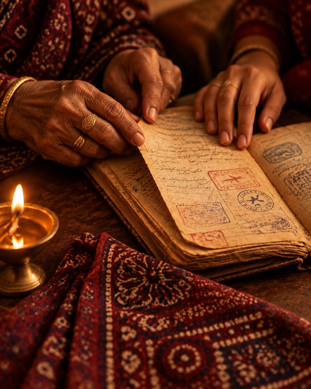 Hands examining an old stamped document beside an oil lamp