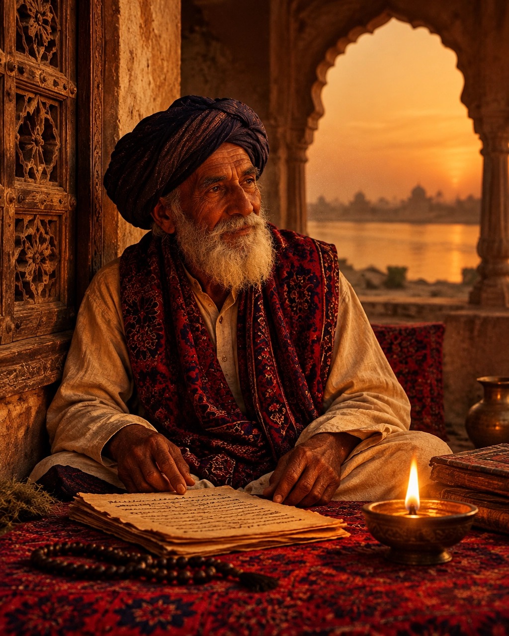 An elderly Sindhi man reading a document by candlelight on a patterned rug at sunset