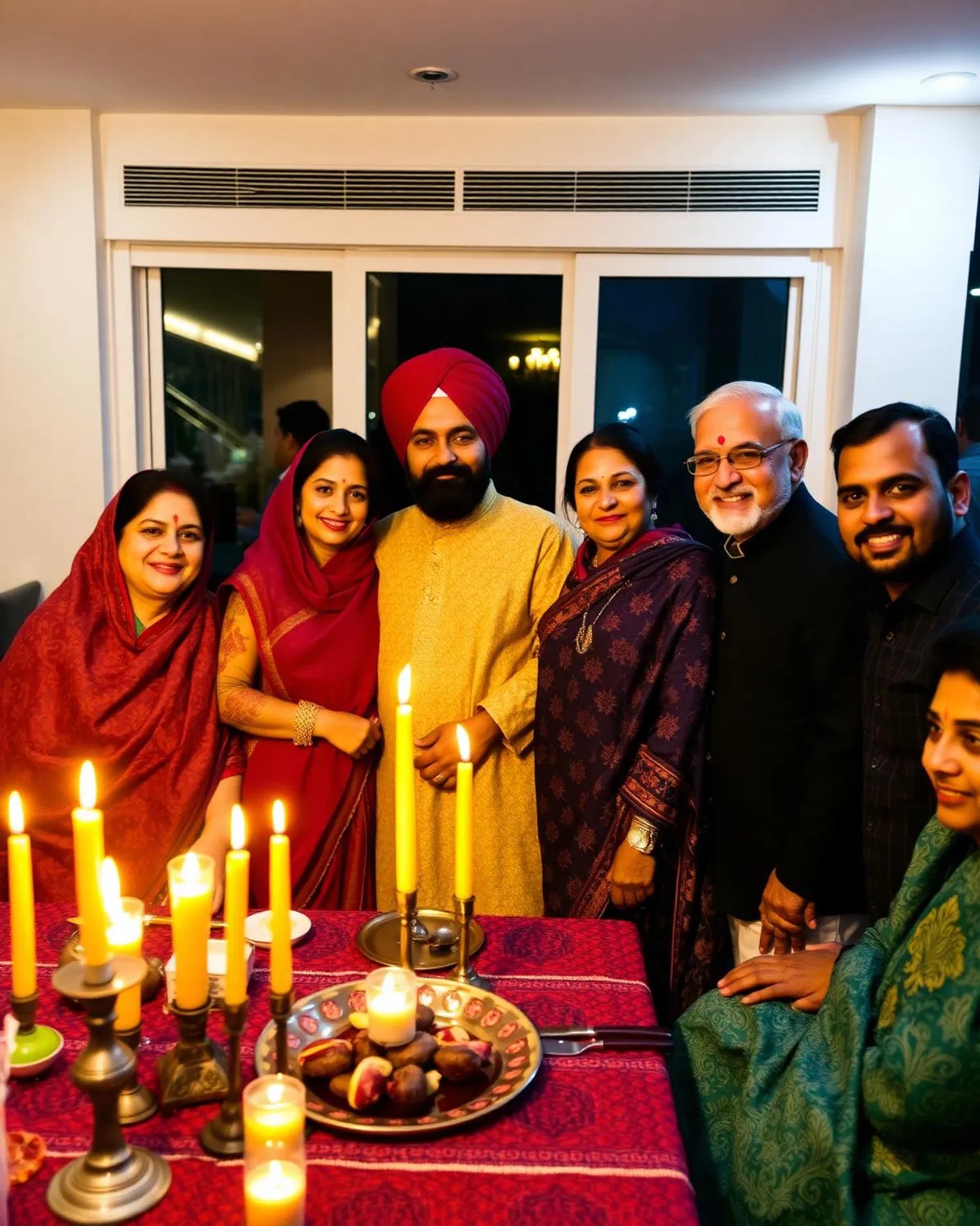 A family gathered around a table set with Sindhi dishes