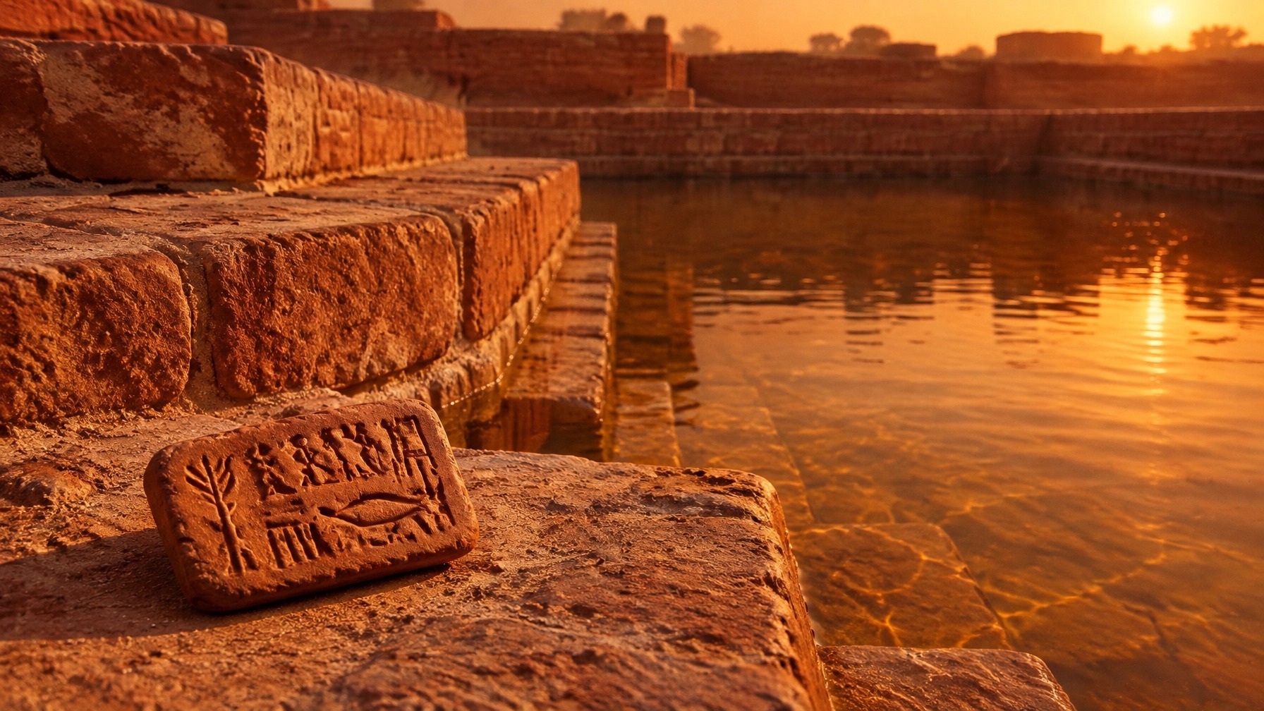 An Indus seal on a brick ledge beside water at sunset