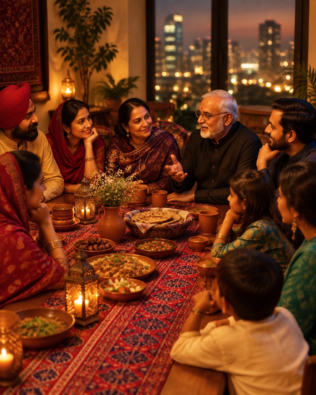 A family gathered around a dinner table at night