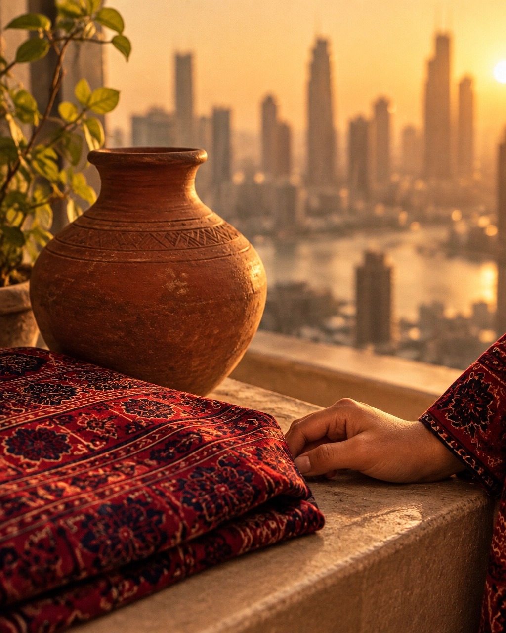 A clay pot and patterned textile on a ledge above a city skyline at sunset