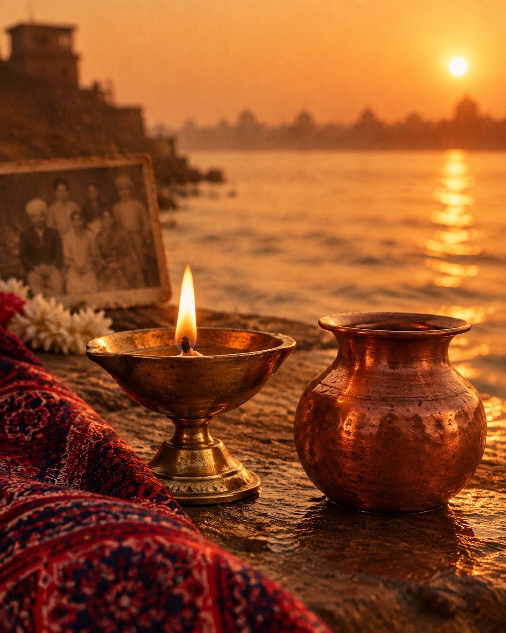 A Sindhi household shrine with lamps and offerings